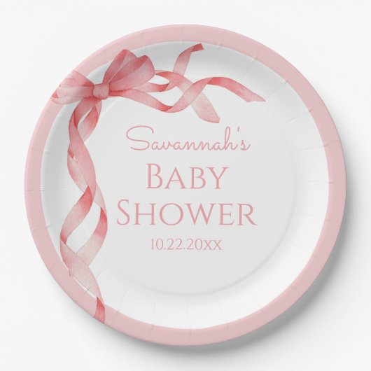 女エレガントの子ピンクの弓の赤ちゃんシャワー ペーパープレート (正面)