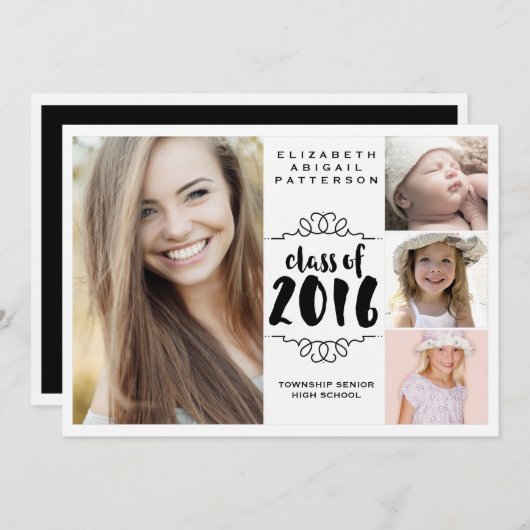 女エレガントの4フォトブラック&ホワイト卒業 招待状 (正面/裏面)