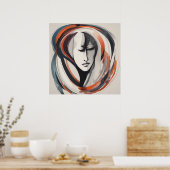 女エレガント性顔ブラウンブルーウォールアート抽象芸術 ポスター (キッチン)