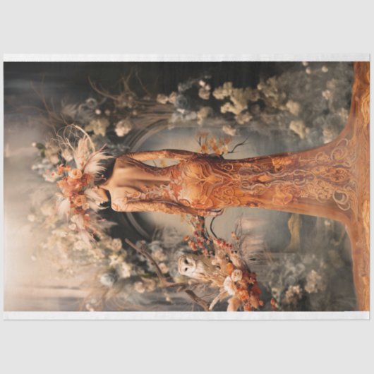 女エレガント性、フクロウ&フローラアーチウェイ、ポートレートアート 薄葉紙 (正面)