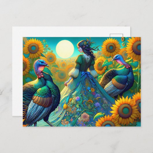 女エレガント性、七面鳥、ひまわり シーズンポストカード (正面/裏面)
