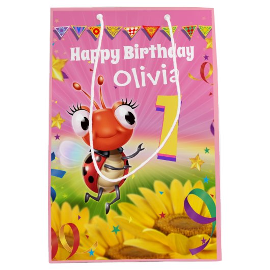 女カスタムの子の1歳の誕生日の抱き枕- Ladybug ミディアムペーパーバッグ (正面)