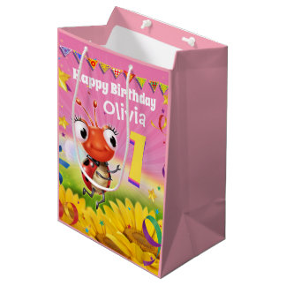 女カスタムの子の1歳の誕生日の抱き枕- Ladybug ミディアムペーパーバッグ