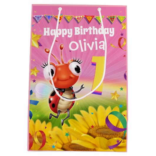 女カスタムの子の1歳の誕生日の抱き枕- Ladybug ミディアムペーパーバッグ (裏面)