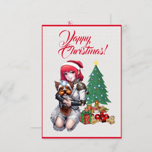 女カスタム子クリスマスカード付き可愛いヨークシャーテリア犬 サンキューカード (正面/裏面)