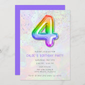 女カラフルの子4歳の誕生日バルーンパーティー 招待状 (正面/裏面)