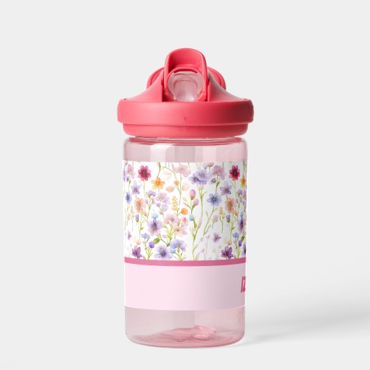 女カラフルフェミニン子のためのピンクの野生の花 ウォーターボトル (正面)