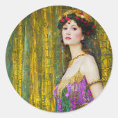 女カラフル性クリムトスタイルコラージュポートレート ラウンドシール (正面)