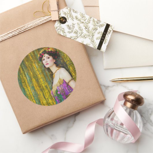 女カラフル性クリムトスタイルコラージュポートレート ラウンドシール (ギフト)