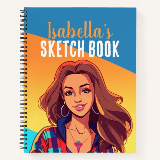 女カラフル10代のパーソナライズされた子のスケッチ本 ノートブック (正面)