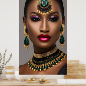 女クラシック性ファッションアフリカ金ゴールドエメラルドグリーン ポスター (キッチン)