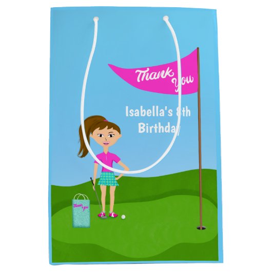 女クールの子のゴルフをテーマにした誕生日ありがとうバッグ ミディアムペーパーバッグ (正面)