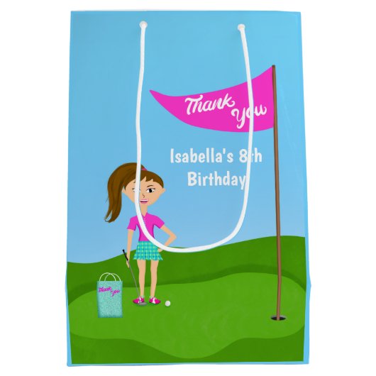 女クールの子のゴルフをテーマにした誕生日ありがとうバッグ ミディアムペーパーバッグ (裏面)