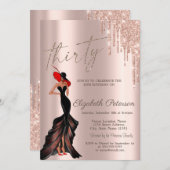 女クールの子グリッタードリップバラ金ゴールド30th誕生日 招待状 (正面/裏面)