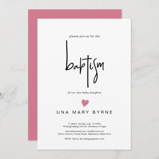 女コンテンポラリーの子ベビー洗礼発表 招待状 (正面/裏面)