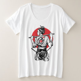 女サムライ戦士 – ドラゴンローズタトゥー 日本 プラスサイズTシャツ