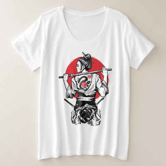 女サムライ戦士 – ドラゴンローズタトゥー 日本 プラスサイズTシャツ (デザイン正面)