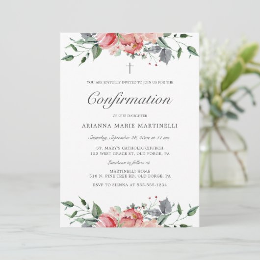 女シンプルの子のエレガントフローラ確認ピンク 招待状 (スタンド正面)