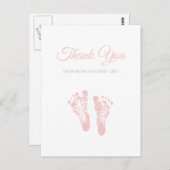 女シンプルの子の赤ちゃんシャワーありがとうピンクの足跡 ポストカード (正面/裏面)