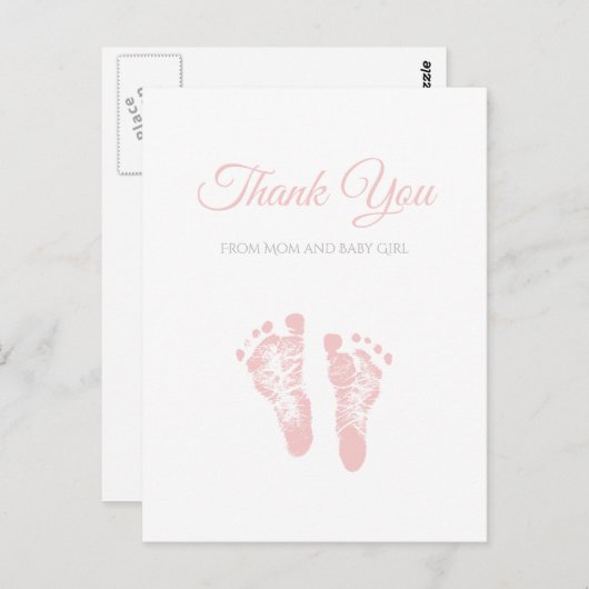 女シンプルの子の赤ちゃんシャワーありがとうピンクの足跡 ポストカード (正面/裏面)