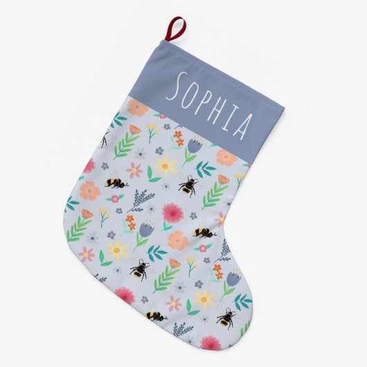 女シンプルの子スタイリッシュと蜂と花 ラージクリスマスストッキング (正面 (吊り時))