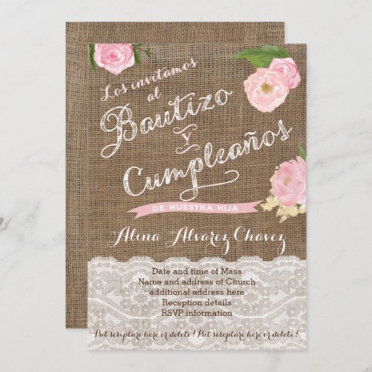 女スペインのの子のための洗礼と誕生日招待状 招待状 (正面/裏面)
