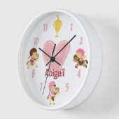 女パーソナライズされたの子とポニーピンクのハート馬 壁時計 (傾斜)