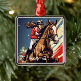 女パーソナライズされたの子と馬がクリスマスにジャンプ メタルオーナメント