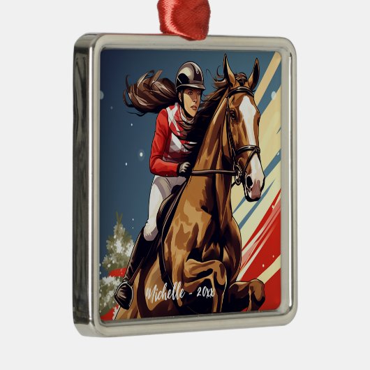 女パーソナライズされたの子と馬がクリスマスにジャンプ メタルオーナメント (右)