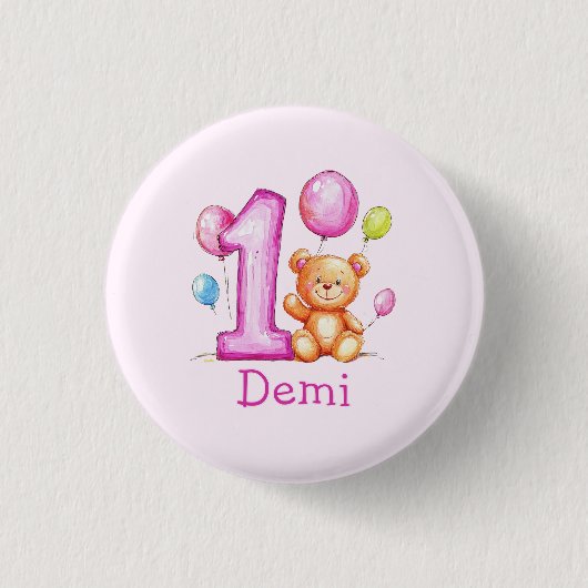 女パーソナライズされたの子のためのピンクの最初の誕生日 缶バッジ (正面)