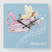 女パーソナライズされたの子のための魔法の天使の妖精の時計 スクエア壁時計 (正面)