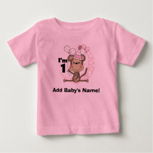 女パーソナライズされたの子のサルパーティーハット1st誕生日 ベビーTシャツ