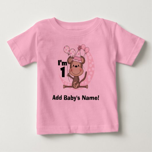 女パーソナライズされたの子のサルパーティーハット1st誕生日 ベビーTシャツ (正面)