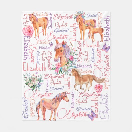 女パーソナライズされたの子の名前とポニーのコラージュ フリースブランケット (正面)