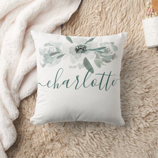 女パーソナライズされたの子の名前スクリプト水色の花 クッション (ブランケット)