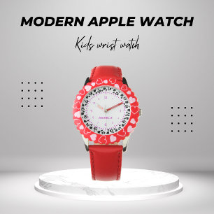 女パーソナライズされたの子の名前ドッグポー赤いハート 腕時計