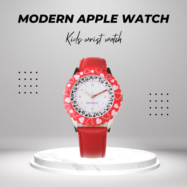 女パーソナライズされたの子の名前ドッグポー赤いハート 腕時計 (クリエイターアップロード済み)