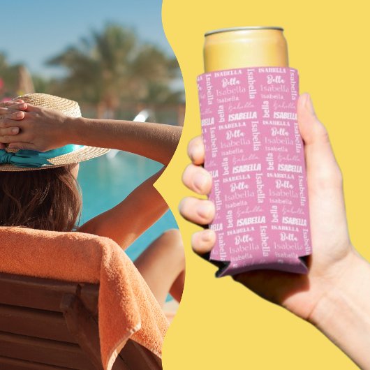 女パーソナライズされたの子の名前ピンク スリム缶クーラー