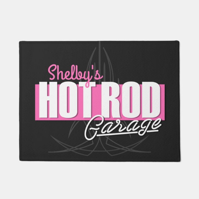 女パーソナライズされたの子の名前Pinstripesガ改造レージ ドアマット (正面)