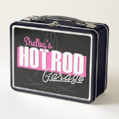 女パーソナライズされたの子の名前Pinstripesガ改造レージ メタルランチボックス (正面)