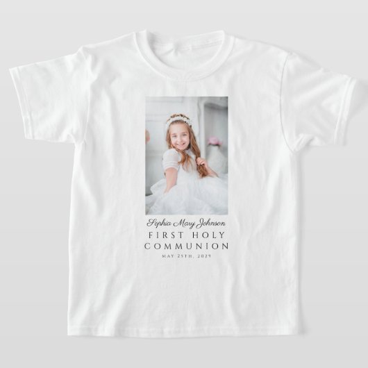女パーソナライズされたの子の最初の聖餐式の写真 Tシャツ (レイダウン)