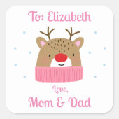 女パーソナライズされたの子トナカイのクリスマスプレゼント スクエアシール (正面)