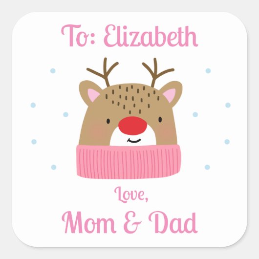 女パーソナライズされたの子トナカイのクリスマスプレゼント スクエアシール (正面)