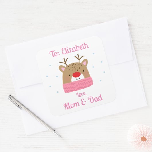 女パーソナライズされたの子トナカイのクリスマスプレゼント スクエアシール (封筒)