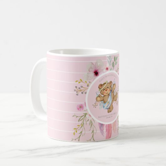 女パーソナライズされたの子バプテスマ – ピンクエンジェルテディベア コーヒーマグカップ (正面左)