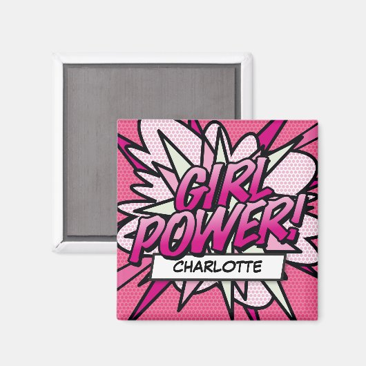 女パーソナライズされたの子パワー漫画ブックピンク マグネット (正面/裏面)