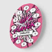 女パーソナライズされたの子パワー漫画ブックピンク ラージ壁時計 (傾斜)