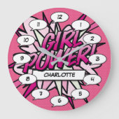 女パーソナライズされたの子パワー漫画ブックピンク ラージ壁時計 (正面)