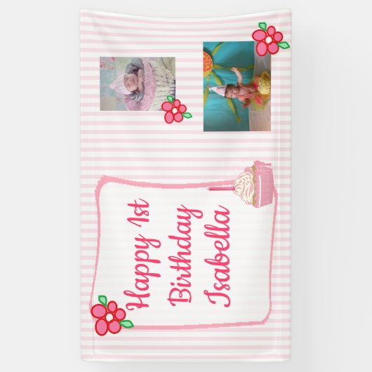 女パーソナライズされたの子ピンクの誕生日バナー 横断幕 (縦)