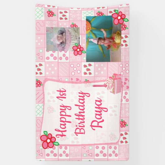 女パーソナライズされたの子ピンクの誕生日バナー 横断幕 (縦)